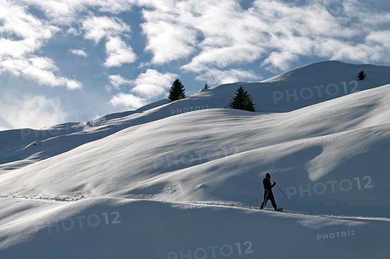 Snowshoe hiking in the Beverin nature park Park, Graubuenden, Switzerland, Europe