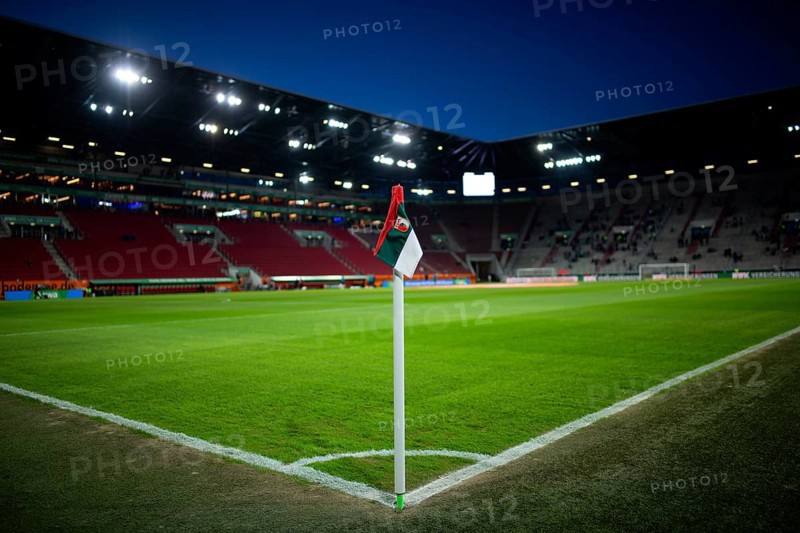 WWK Arena, interior, corner flag, logo, FC Augsburg FCA, empty, blue hour, Augsburg, Bavaria, Germany, Europe