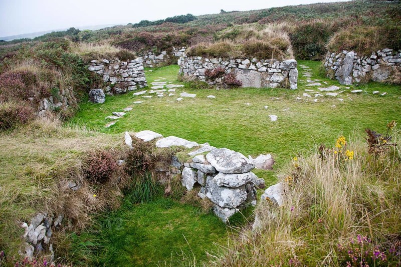 Chysauster Ancient Village is a late Iron Age and Romano-British village of courtyard houses in Cornwall, England, United Kingdom, Europe