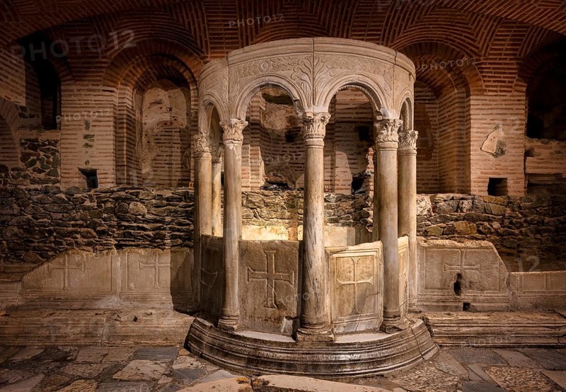 Interior view of the crypt, remains of the Roman baths, Hagios Demetrios church, also known as Agios Dimtrios or Demetrios basilica, Thessaloniki, Macedonia, Greece, Europe