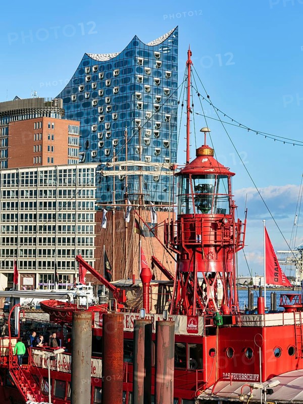 Red lightship LV 13 with a view of the Elbe Philharmonic Hall, restaurant, bar, hotel in the City Sports Harbour, Hamburg, Germany, Europe
