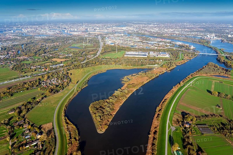 Aerial photo, dike relocation in the Kreetsand lowland Elbe, tidal Elbe concept, aerial photo, flood protection, Elbe, Norderelbe, flood protection, outlet area, square, Wilhelmsburg, Hamburg, Germany, Europe
