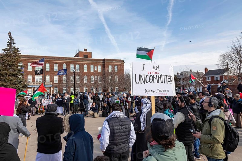 Hamtramck, Michigan USA, 25 February 2024, Two days ahead of Michigan's Presidential primary election, a rally in this heavily Arab-American city urges a vote for uncommitted instead of for Joe Biden. Many Arab-Americans are furious about Biden's support for Israel in the Gaza war. Israel's bombing there has cost tens of thousands of Palestinian lives
