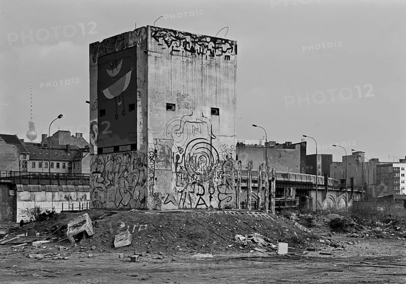 Former GDR watchtower after the fall of the Wall between the city railway and the Spree, Mitte district, Berlin, Germany, Europe