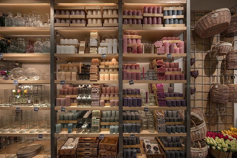 Shelves with scented candles, Bavaria, Germany, Europe