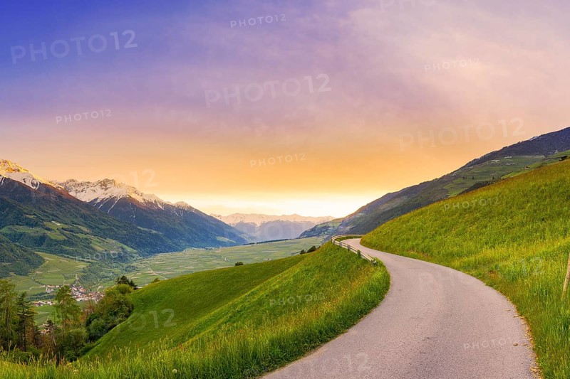 Mountain panorama of a small road in the South Tyrolean Alps, sunset, evening mood, path, Goldrain, Latsch, Vinschgau, South Tyrol, Italy, Europe