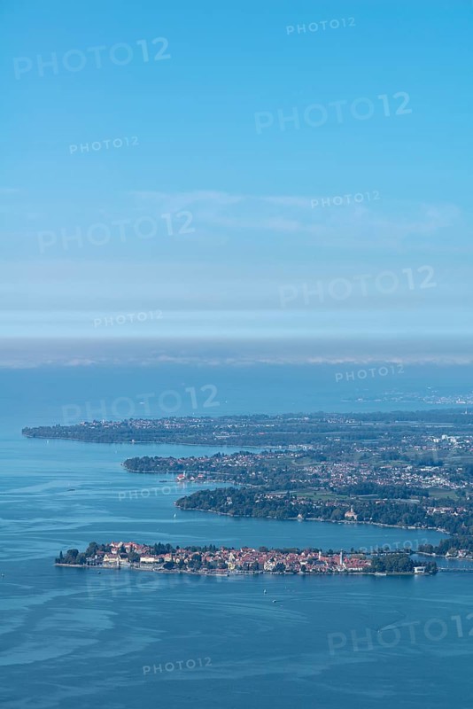 View from the Pfaender, 1064m, local mountain of Bregenz, to Lindau, moated castle, Langenargen, Lake Constance, Vorarlberg, Alps, Austria, Europe