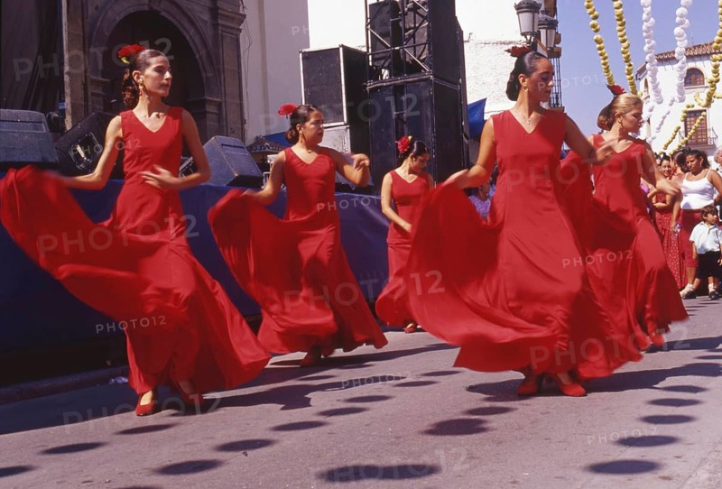 Group of flamenco dancers at street party in Velez-Malaga, Andalusia, Spain, Southern Europe. Scanned thumbnail slide, Europe
