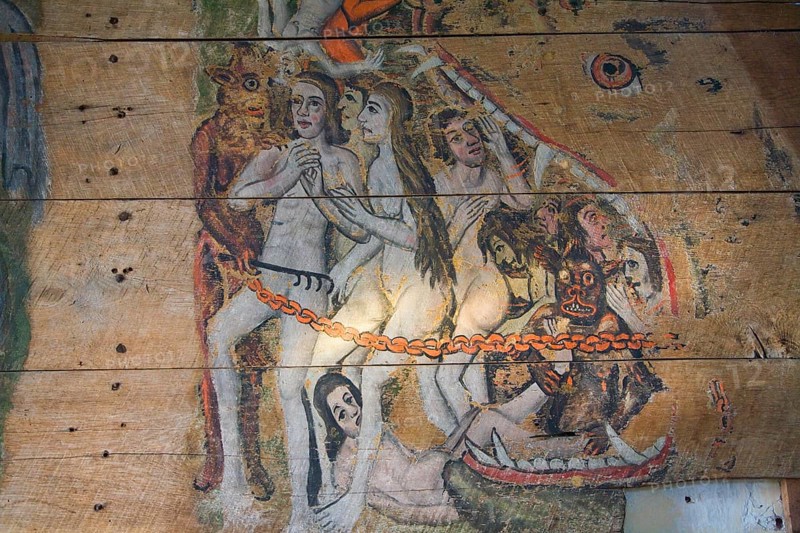 Early sixteenth century religious painting depicting the Day of Judgement called the Wenhaston Doom, Suffolk, England, United Kingdom, Europe