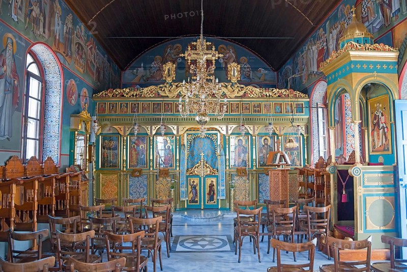 Interior of a church with iconostasis and wooden chairs, Monastery of St Nicholas, Monastery of Agios Nikolaos, Agiou Nikolaou, Vistonidas Burma Lagoon, Porto Lagos, Xanthi, Eastern Macedonia and Thrace, Greece, Europe