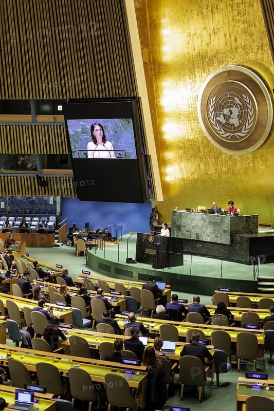 Plenary session of the United Nations General Assembly on 'AeRThe situation in the temporarily 'AeRoccupied territories of Ukraine in New York, 24 February 2024. Annalena Baerbock (Alliance 90/The Greens), Federal Foreign Minister, travels to New York to mark the anniversary of the attack on Ukraine. Photographed on behalf of the Federal Foreign Office