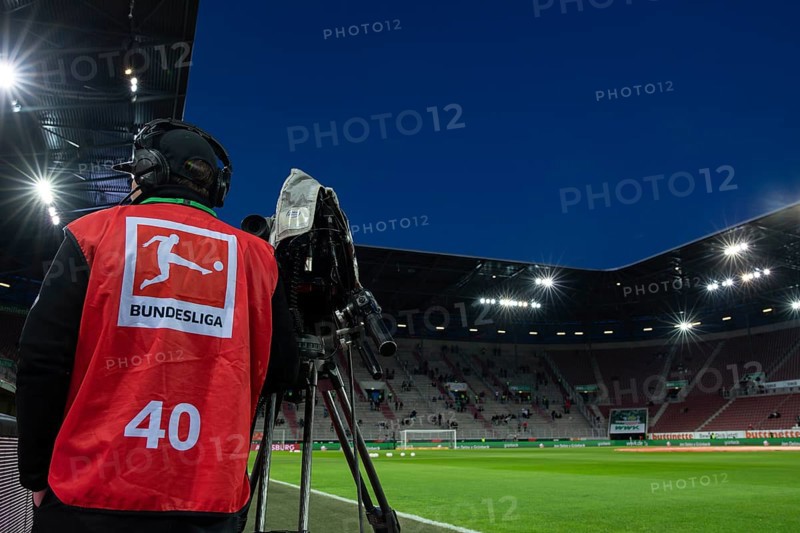 WWK Arena, FC Augsburg FCA, interior, TV camera, logo, Bundesliga, bib, red, blue hour, Augsburg, Bavaria, Germany, Europe