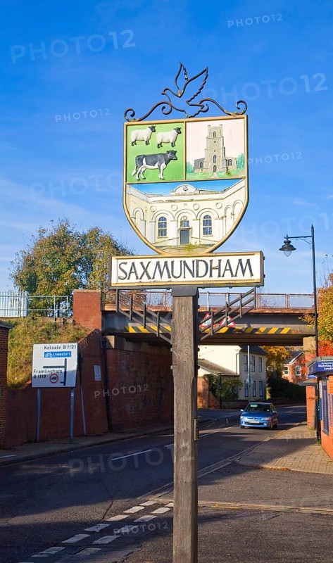 Town street and sign for Saxmundham, Suffolk, England, United Kingdom, Europe