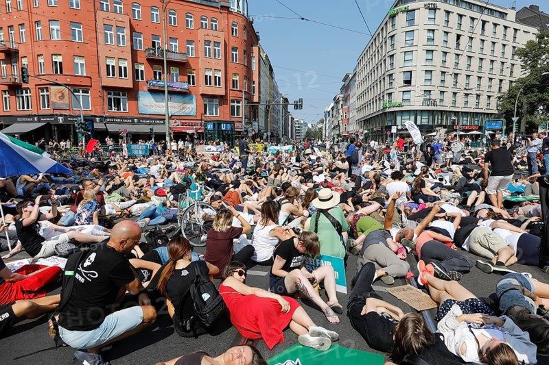 Mass die In, at the Official Animal Rights March demo at Rosenthaler Platz in Berlin. The Animal Rights March is a demonstration of the vegan community for animal protection and animal rights, 25 August 2019
