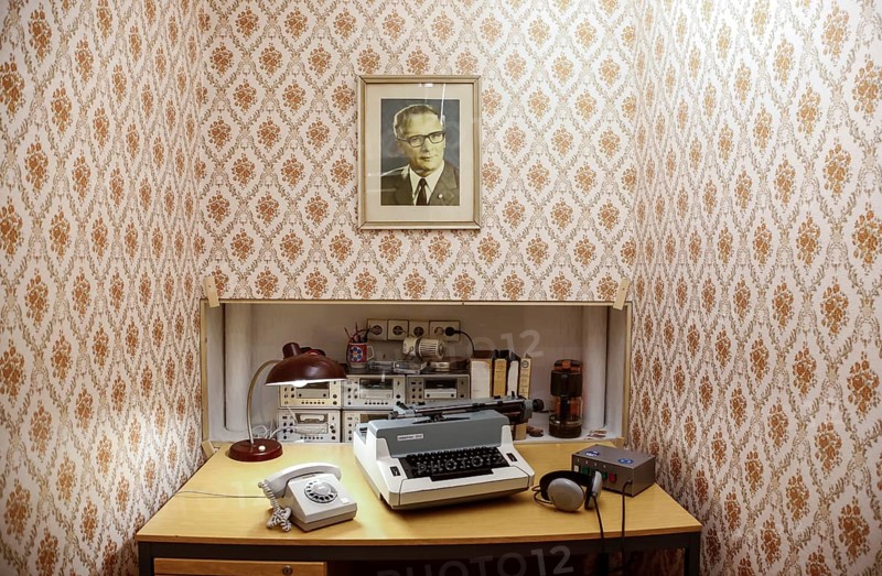 Stasi study with picture of Erich Honecker in the DDR Museum. The DDR Museum shows the life and everyday culture of the GDR in a permanent exhibition, 11.06.2019