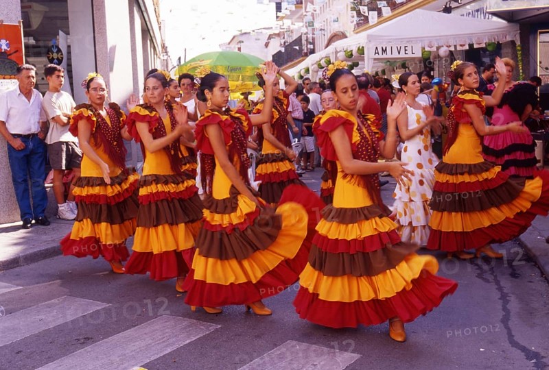 Girls from flamenco school perform at street party in Velez-Malaga, Andalusia, Spain, Southern Europe. Scanned thumbnail slide, Europe