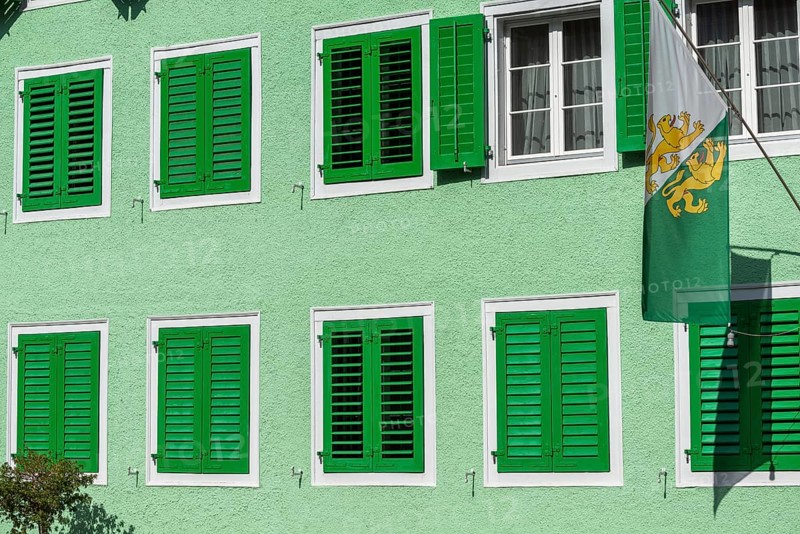 Old town of Dissenhofen on the Rhine, green house, shutters, flag with cantonal coat of arms, district of Frauenfeld, canton of Thurgau, Switzerland, Europe