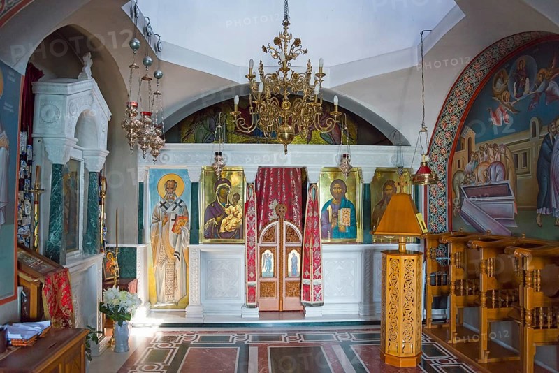 Interior view of a small church with richly decorated iconostasis and frescoes, Monastery of St Nicholas, Monastery of Agios Nikolaos, Agiou Nikolaou, Vistonidas Burma Lagoon, Porto Lagos, Xanthi, Eastern Macedonia and Thrace, Greece, Europe