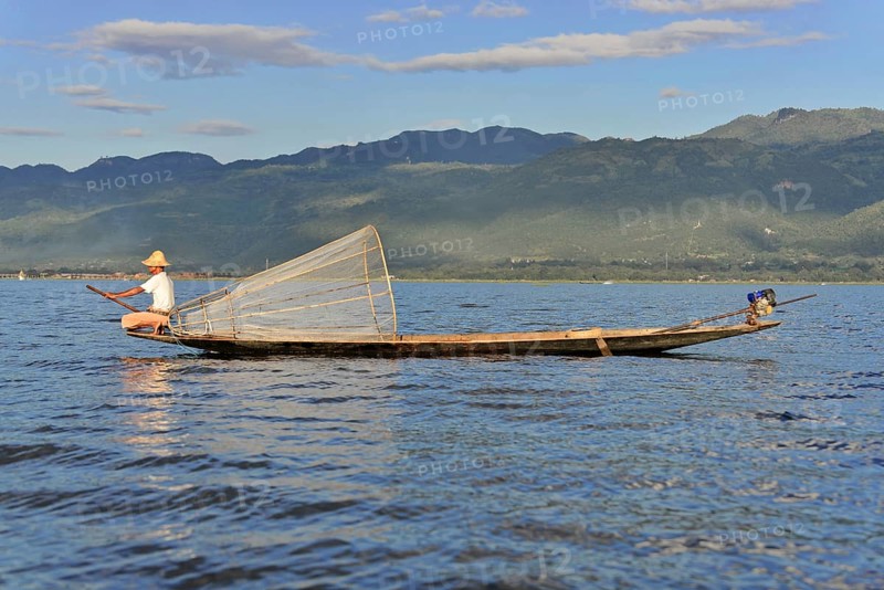Intha fisherman, local man fishing with traditional conical fishing net, Inle Lake, Burma, Myanmar, Asia