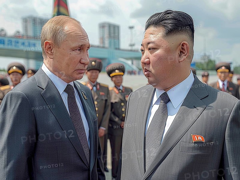Russian President Vladimir Putin stands with President of Korea Kim Jong Un. AI generated