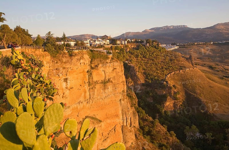 Historic buildings perched on sheer cliff top in Ronda, Spain, Europe