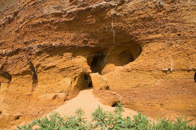 Red crag rock exposed at Buckanay Pit quarry, Alderton, Suffolk, England, United Kingdom, Europe