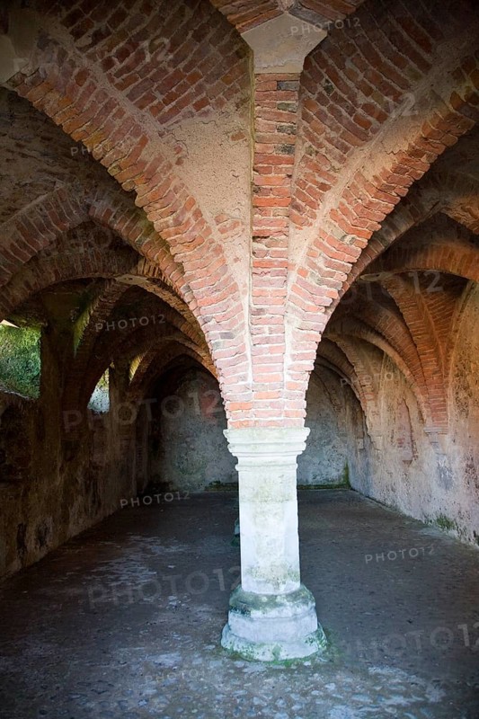 Vaulted roof and pillars in the cellar of the historic Guildhall, Blakeney, Norfolk, England, United Kingdom, Europe