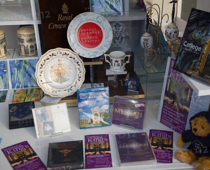 Shop window display of pottery and music DVDs from King's College, Cambridge, England, United Kingdom, Europe