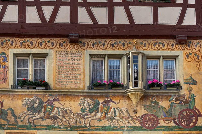 Stein am Rhein, historic old town, mural painting, four-in-hand carriage, horse-drawn carriage, half-timbered house, Canton Schaffhausen, Switzerland, Europe
