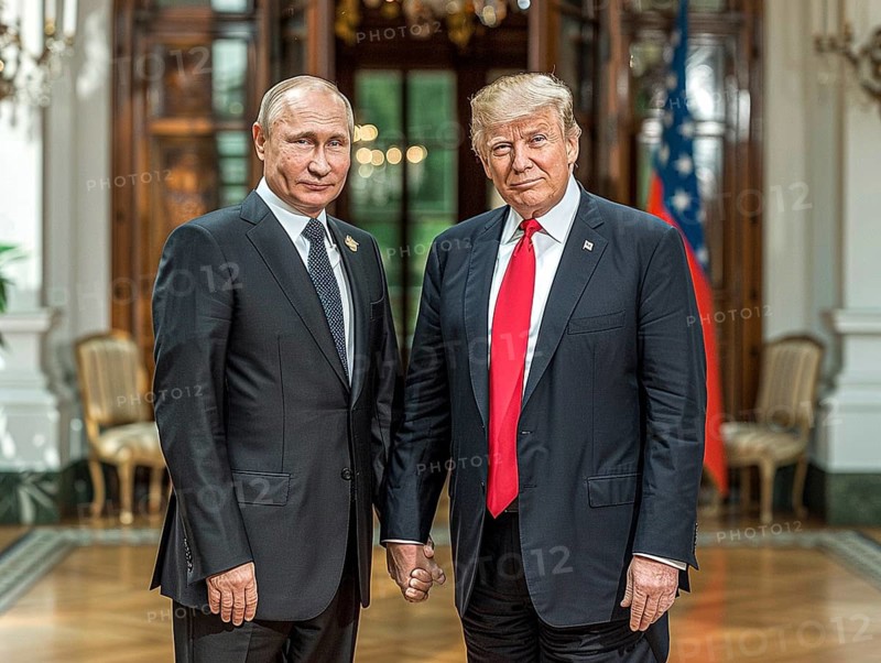 Russian President Vladimir Putin stands with USA President Donald Trump. AI generated