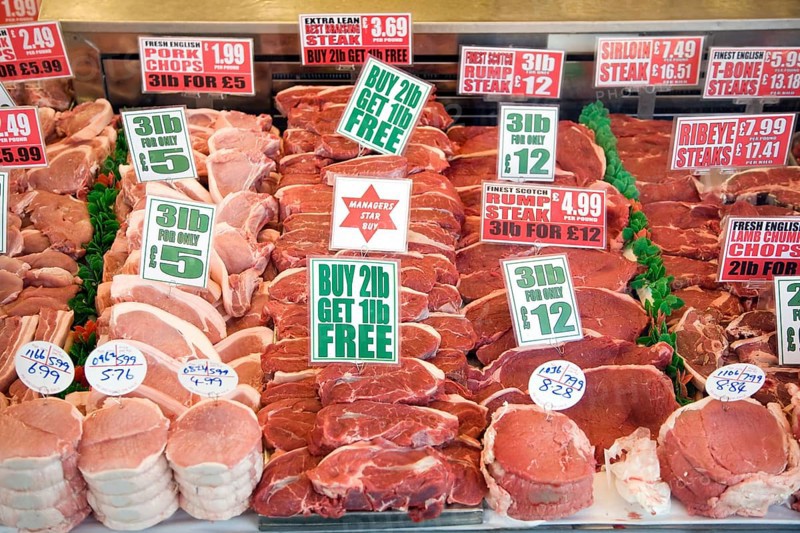 Meat display in butcher's shop window