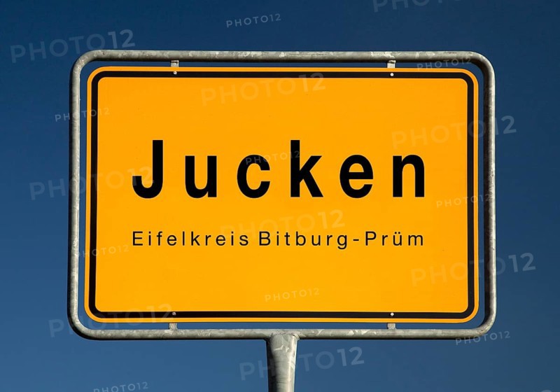 Place name sign Jucken, municipality in the Eifel district of Bitburg-Pruem, Rhineland-Palatinate, Germany, Europe