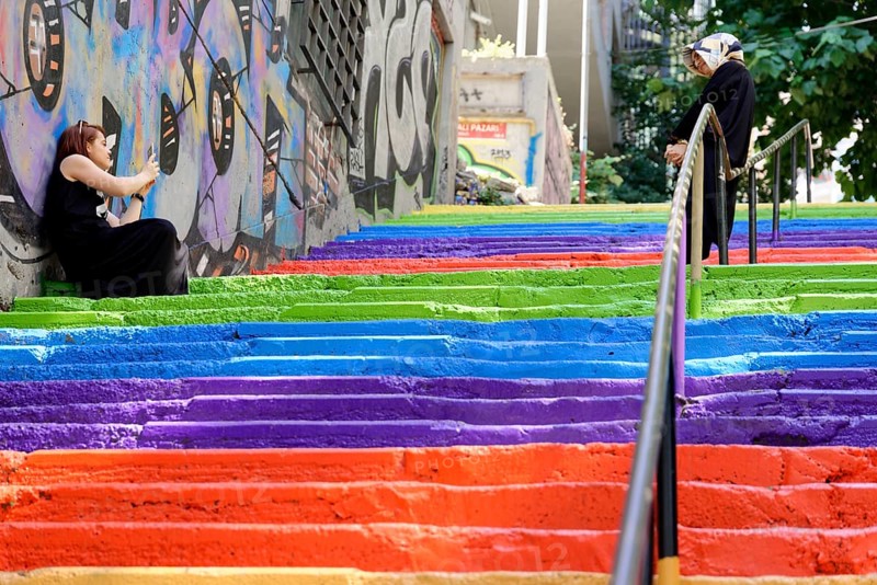 Tourists, painted staircase in rainbow colours, Istanbul, European part, Istanbul province, Turkey, Asia