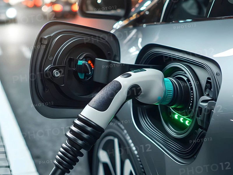 Battery operated electric car charging point plug in a city, AI generated