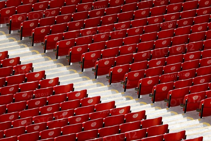 Red seats at Liverpool FC's Anfield Stadium, 02/03/2019