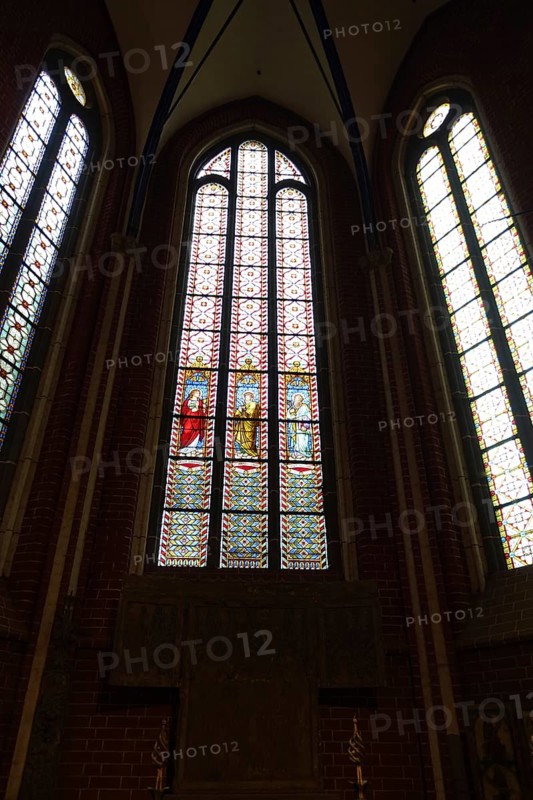 Coloured church windows, Doberan Minster, former Cistercian monastery, Bad Doberan, Mecklenburg-Western Pomerania, Germany, Europe