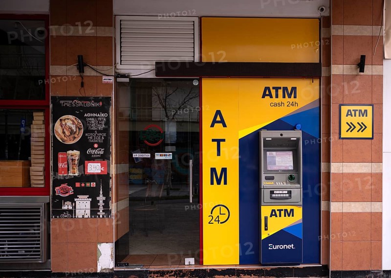 ATM, cash dispenser, ATM, next to gyros snack bar, Thessaloniki, Macedonia, Greece, Europe
