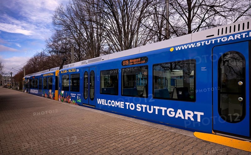 Underground railway, advertising for the EURO 2024, European Football Championships, Stuttgart, logo, slogan Welcome to Stuttgart, United by Friends, Baden-Wuerttemberg, Germany, Europe