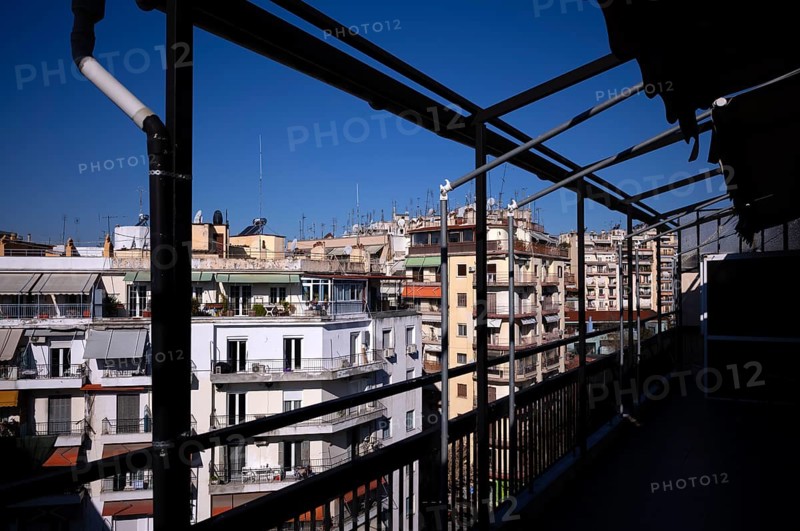 View from the roof terrace of a residential building to residential buildings and roof antennas, Leonida Iasonidou Street, Thessaloniki, Macedonia, Greece, Europe
