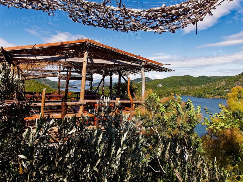 Ledi's Place, restaurant, hostel and camp, overlooking the Koman reservoir in the wilderness of the Albanian Alps in northern Albania. Koman, Qark Shkodra, Albania, South-East Europe, Europe