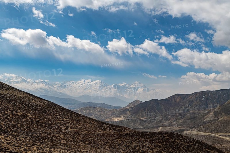 Desert landscape before the Annapurna mountain range, Kingdom of Mustang, Nepal, Asia