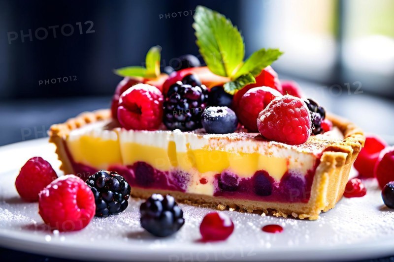 Colorful fruit tart featuring gluten free almond flour crust vegan pastry cream fresh berry toppin, AI generated