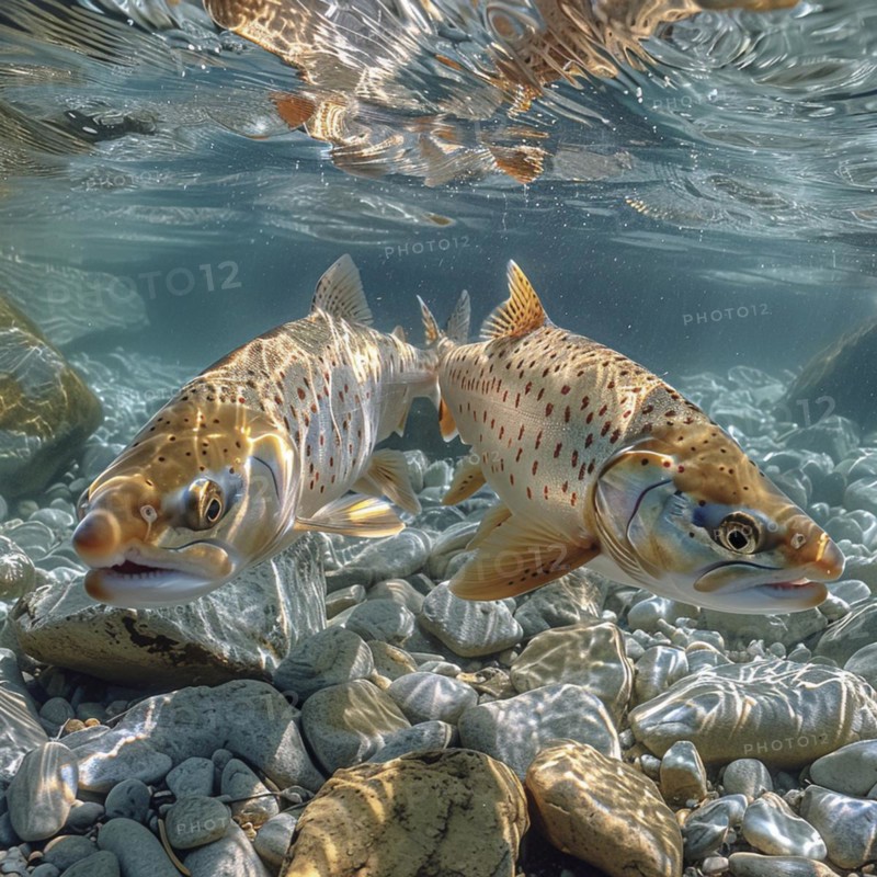Salmon (Salmo salar) on the migration and swim up a stream in shallow, clear water, ai generiert, AI generated
