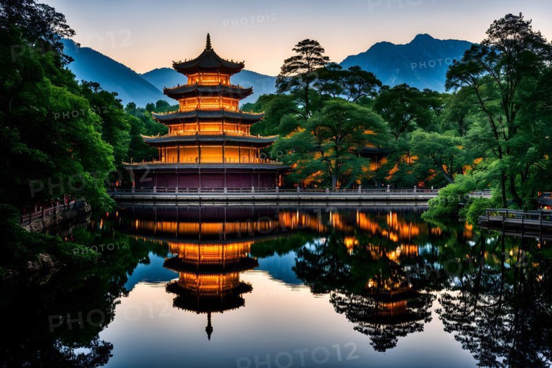 Shaolin temple mirrored perfectly in undisturbed waters, AI generated