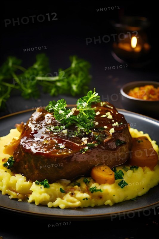 Veal shanks slow cooked osso buco style garnished with gremolata alongside creamy saffron risotto, AI generated