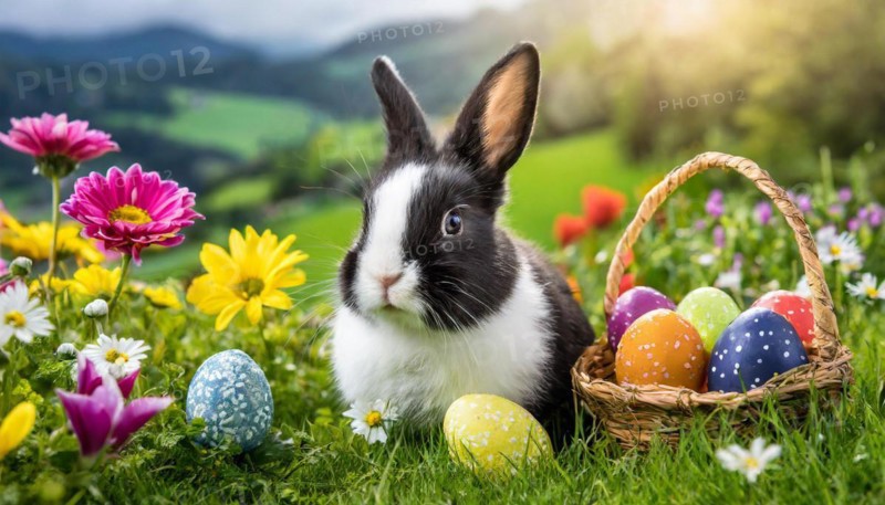 Ai generated, An Easter basket with coloured eggs in a meadow with colourful flowers, in the basket a black and white dwarf rabbit, symbolic image Easter, animal children