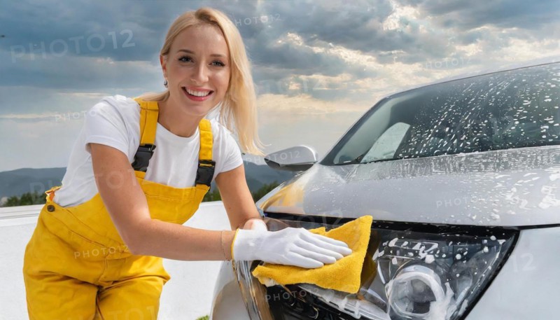 AI generated, A blonde woman washes a car by hand, silver sports car