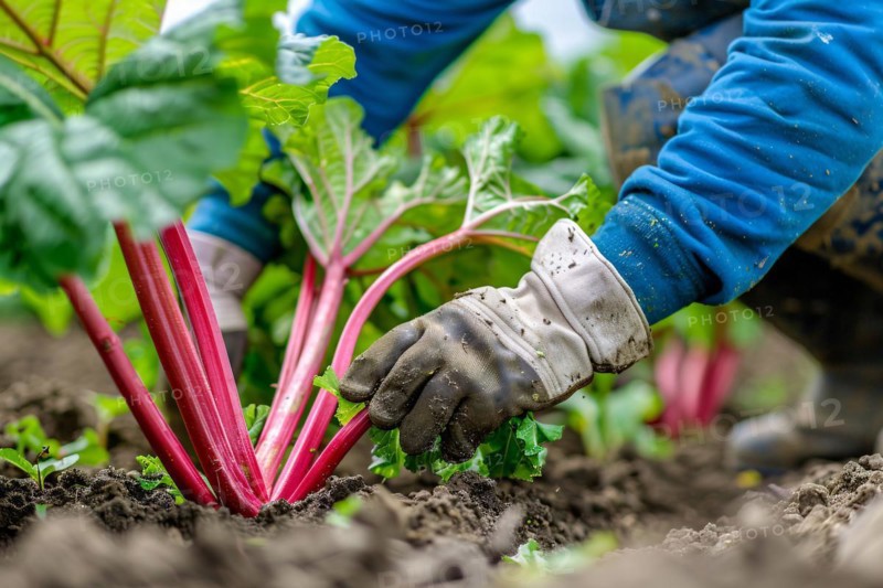 Worker harvesting ripe rhubarb vegetables in agricultural field. KI generiert, generiert AI generated