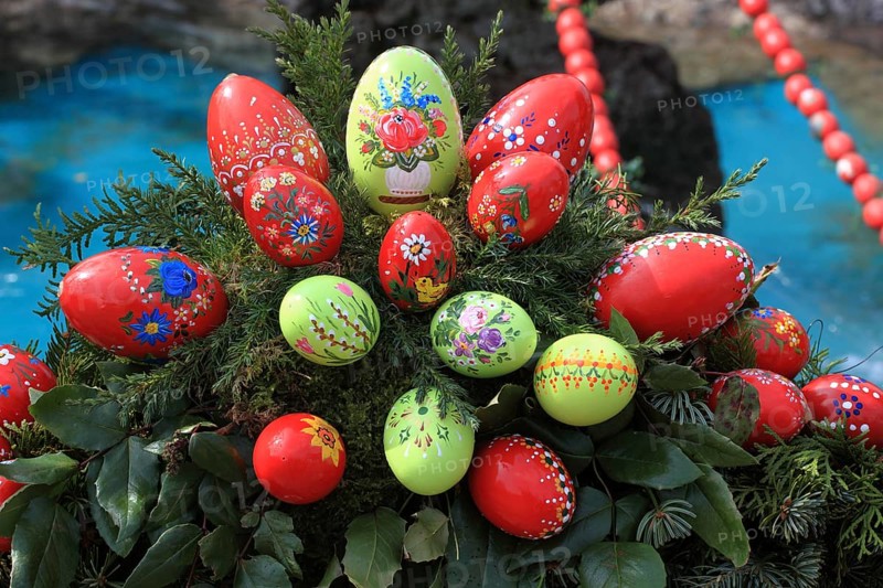 Detail of an Easter fountain in Franconian Switzerland, Bamberg district, Upper Franconia, Germany, many colourful blown-out and dyed eggs as decoration, Easter custom, Europe