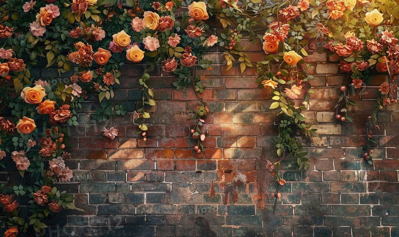 Warm sunlight illuminates a brick wall entwined with orange roses and green vines AI generated